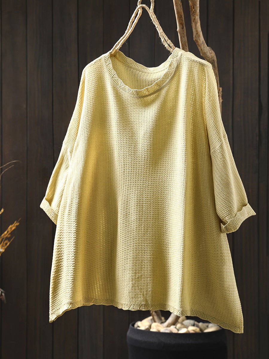 Women Summer Artsy Pure Color Knitted O-Neck Shirt