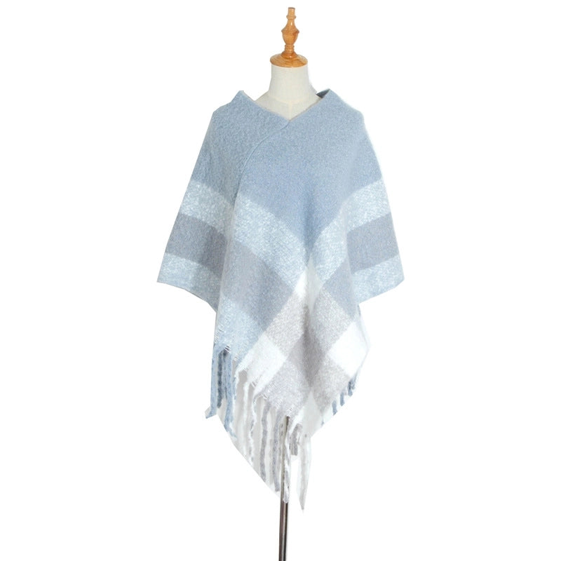 Hot Style New Autumn And Winter Women's Shawl Thick Tassel Loop Yarn Large Plaid Cloak