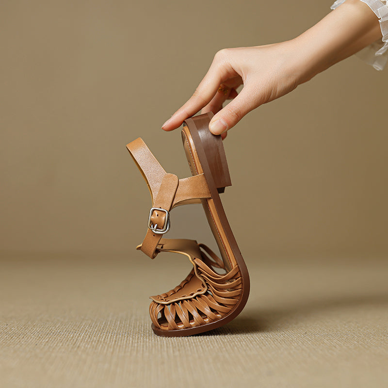 Designer Genuine Leather Fisherman Slingback Sandals T-Strap Woven Gladiator Shoes in Caramel/Beige/Black