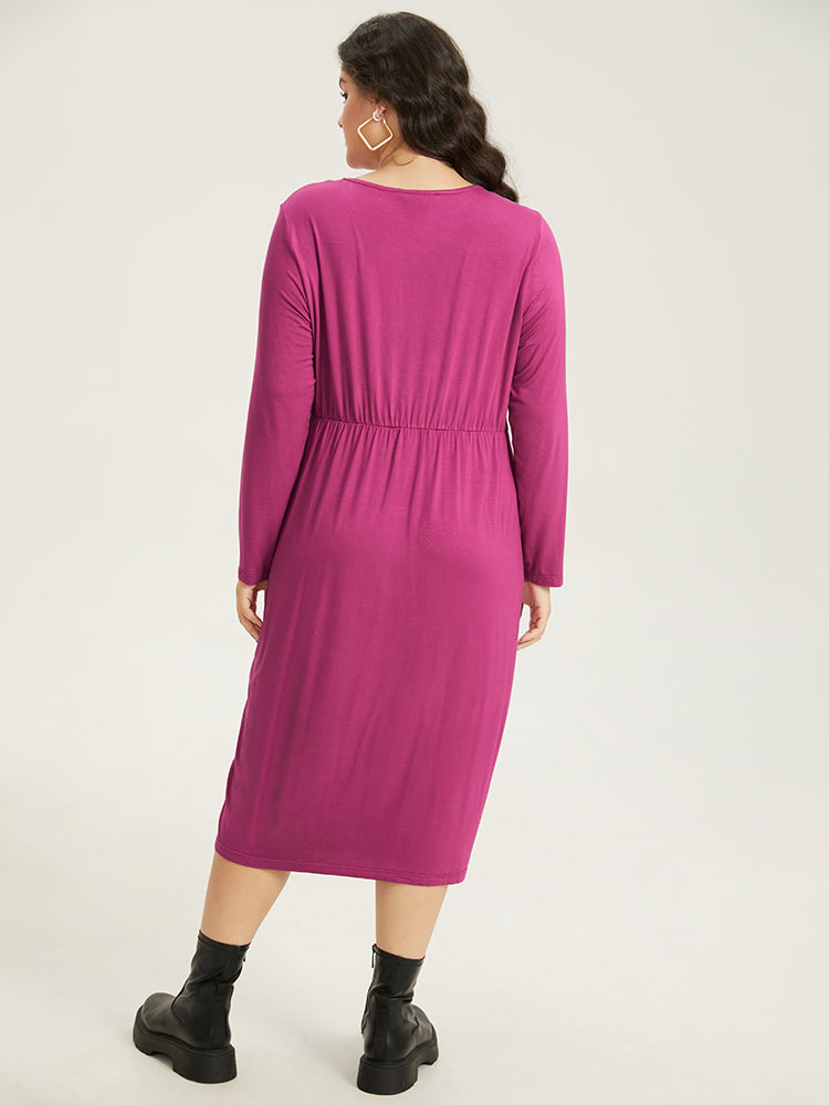 Solid Pocket V Neck Plicated Detail Dress