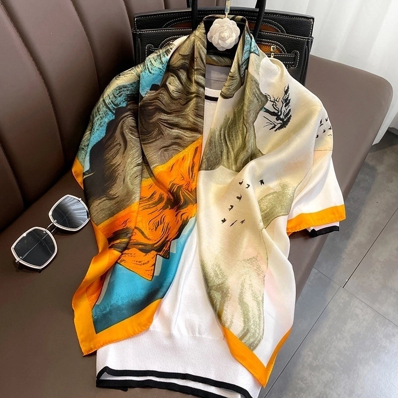 Fashion Light Luxury 90cm Simulation Silk Scarf Simple Striped Large Square Scarf