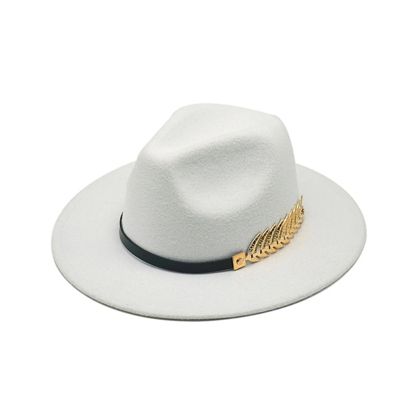 Style Fish Bone Gold Leaf Wool Gentleman Hat Large Brim Felt Hat Jazz Big Maple Leaf Imitation Wool Hat