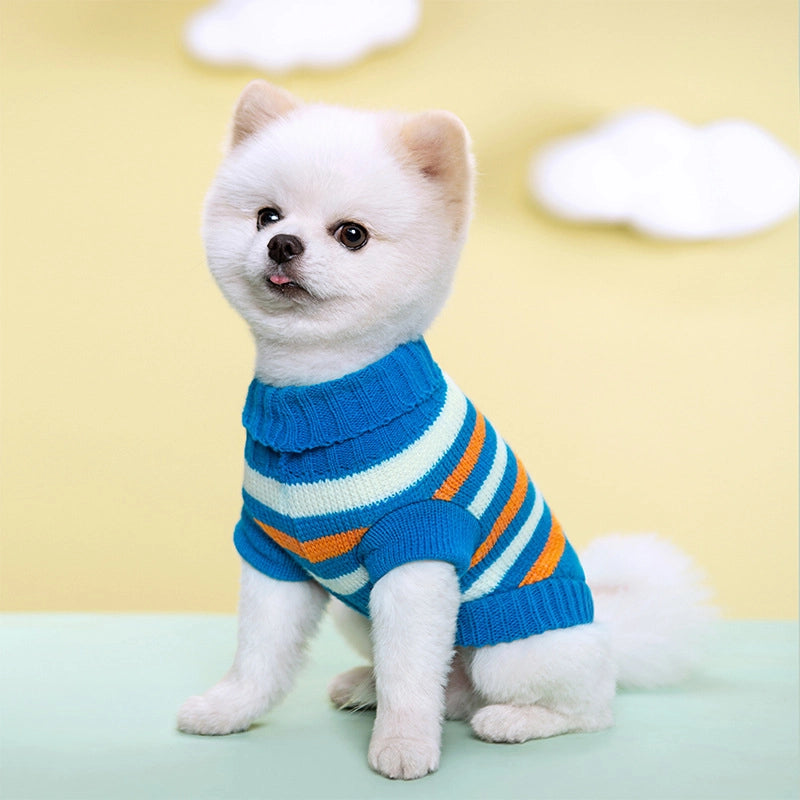 Pet Autumn And Winter Warm Strip Color Sweater Stretch Two-legged Lapel Dog Cat Knitted Wool Clothes