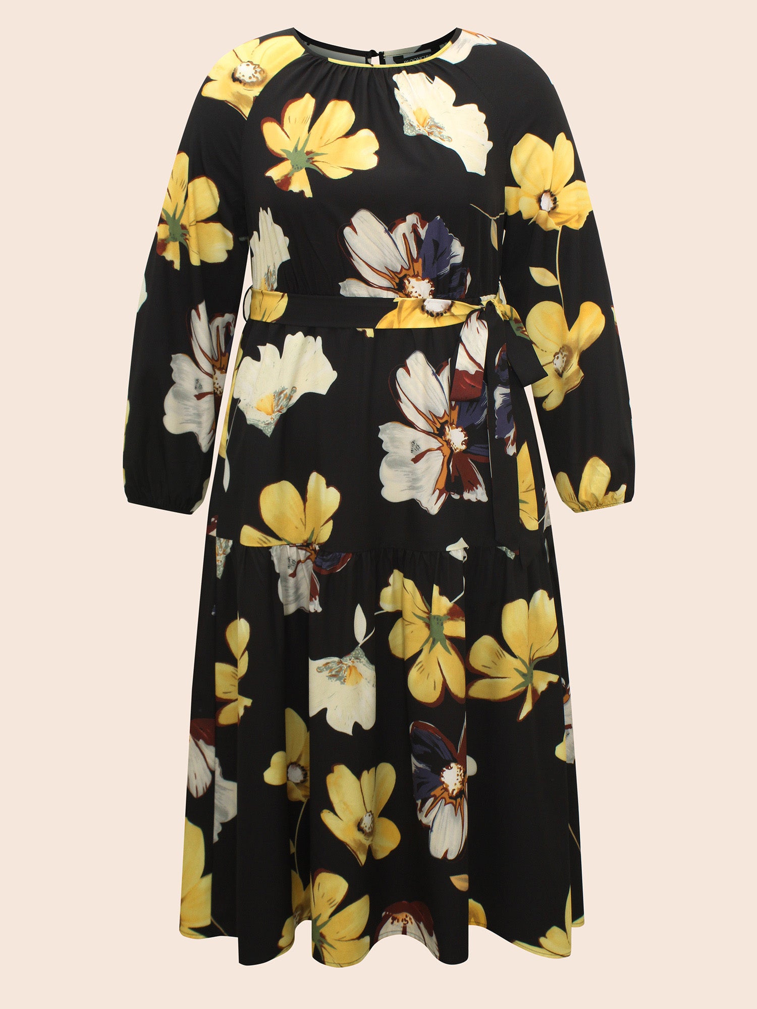 Floral Round Neck Gathered Belted Dress