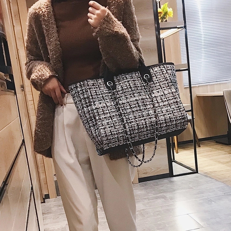 Women's Large Canvas Plaid Solid Color Streetwear Zipper Tote Bag