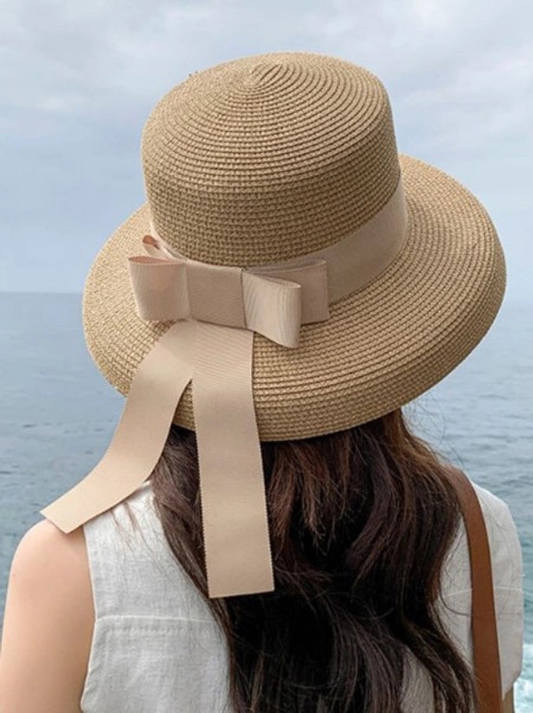 Women's Classic Style Bow Knot Braid Curved Eaves Straw Hat