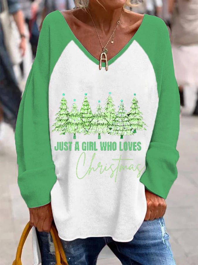 Women's Just A Girl Who Loves Christmas French Velvet V-Neck Top