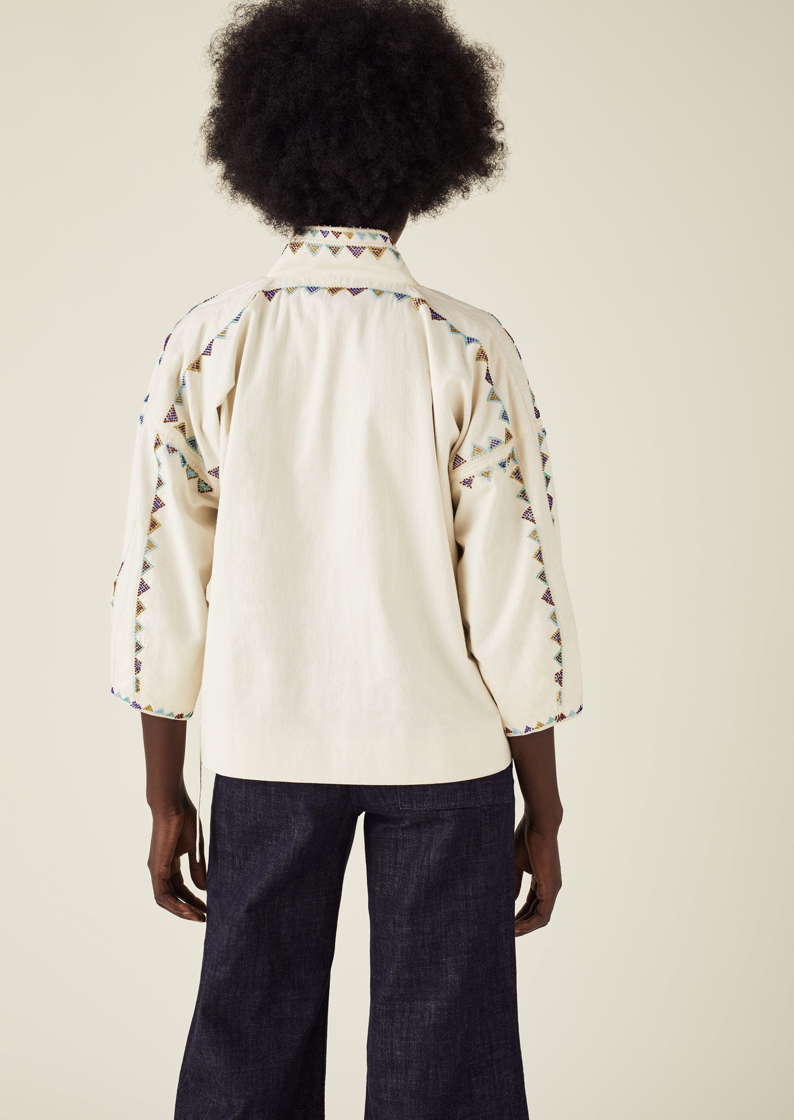 Hand Beaded Cotton Wrap Jacket | Chalk