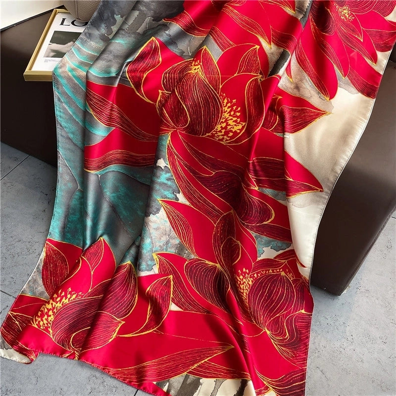 Fashion Red Lotus Simulation Silk Scarf