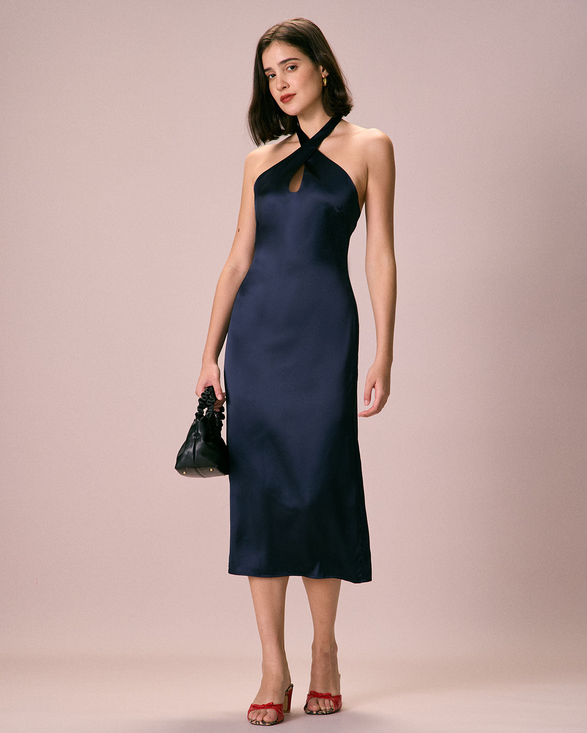 The Navy Cut-Out Satin Halter Midi Dress