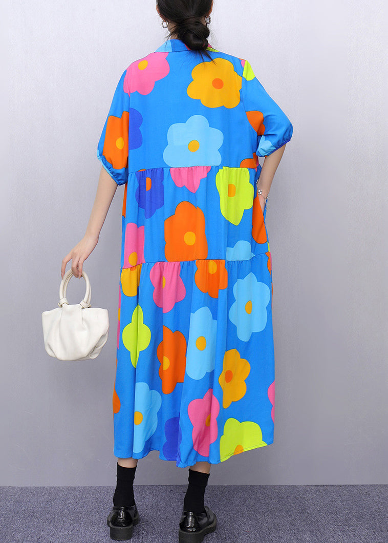 Fashion Blue Print Pockets Patchwork Cotton Blouses Dresses Half Sleeve Summer