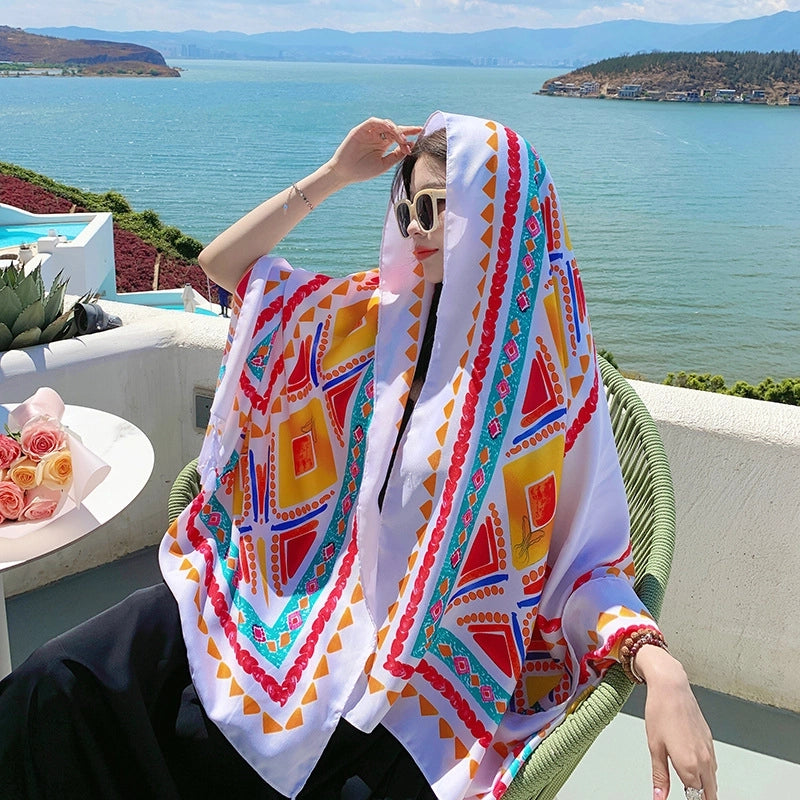 Silk Scarf Women's Summer Seaside Beach Sunscreen Shawl Scarf Dual-use  Long Ethnic Style Plus Size Travel Silk Scarf