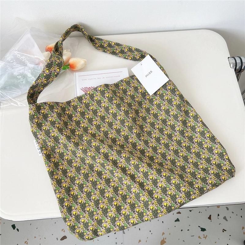Women's Medium Canvas Flower Basic Classic Style Square Open Canvas Bag