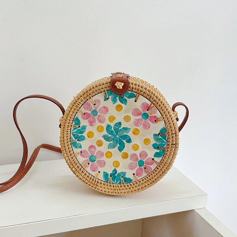 Women's Medium Rattan Floral Elegant Magnetic Buckle Dome Bag