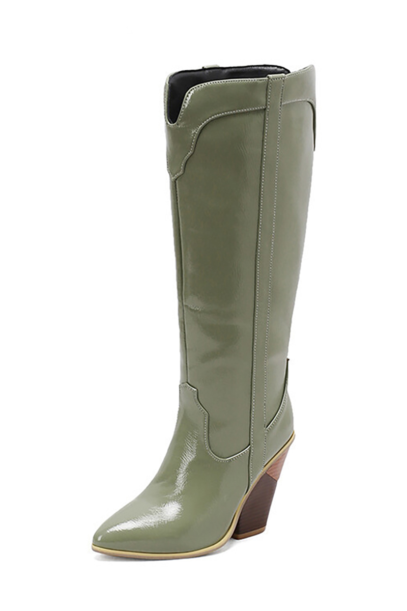 Stitching V Groove Pointy Toe Western Knee High Chunky Boots