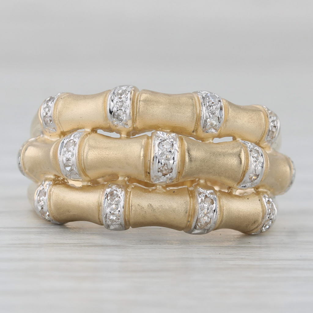 Layered Stacked Band 0.10ctw Diamond Bamboo Ring 14k Yellow Gold Size 5.75