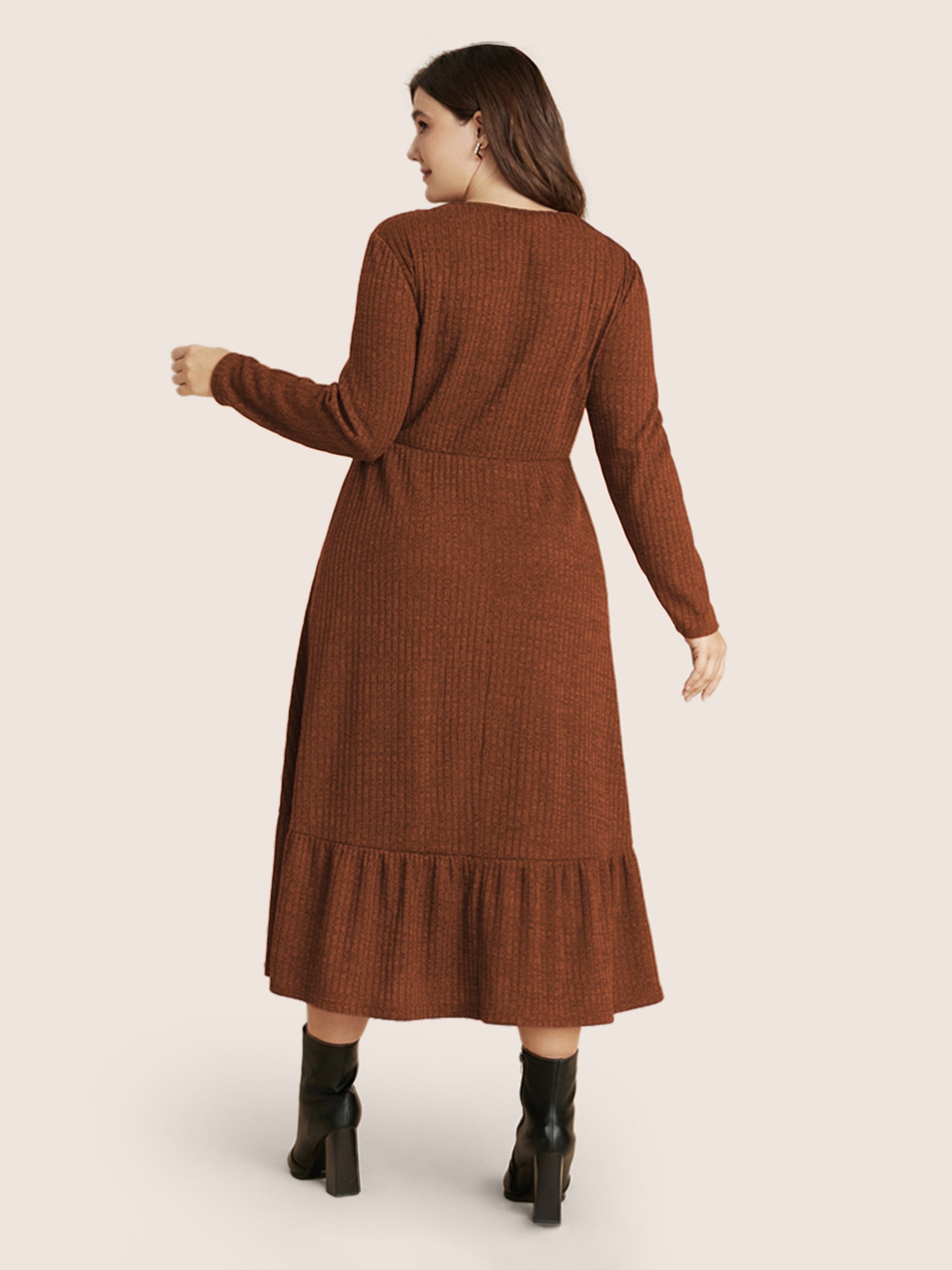 Solid Pocket Rib Knit Ruffle Hem Dress Without Belt