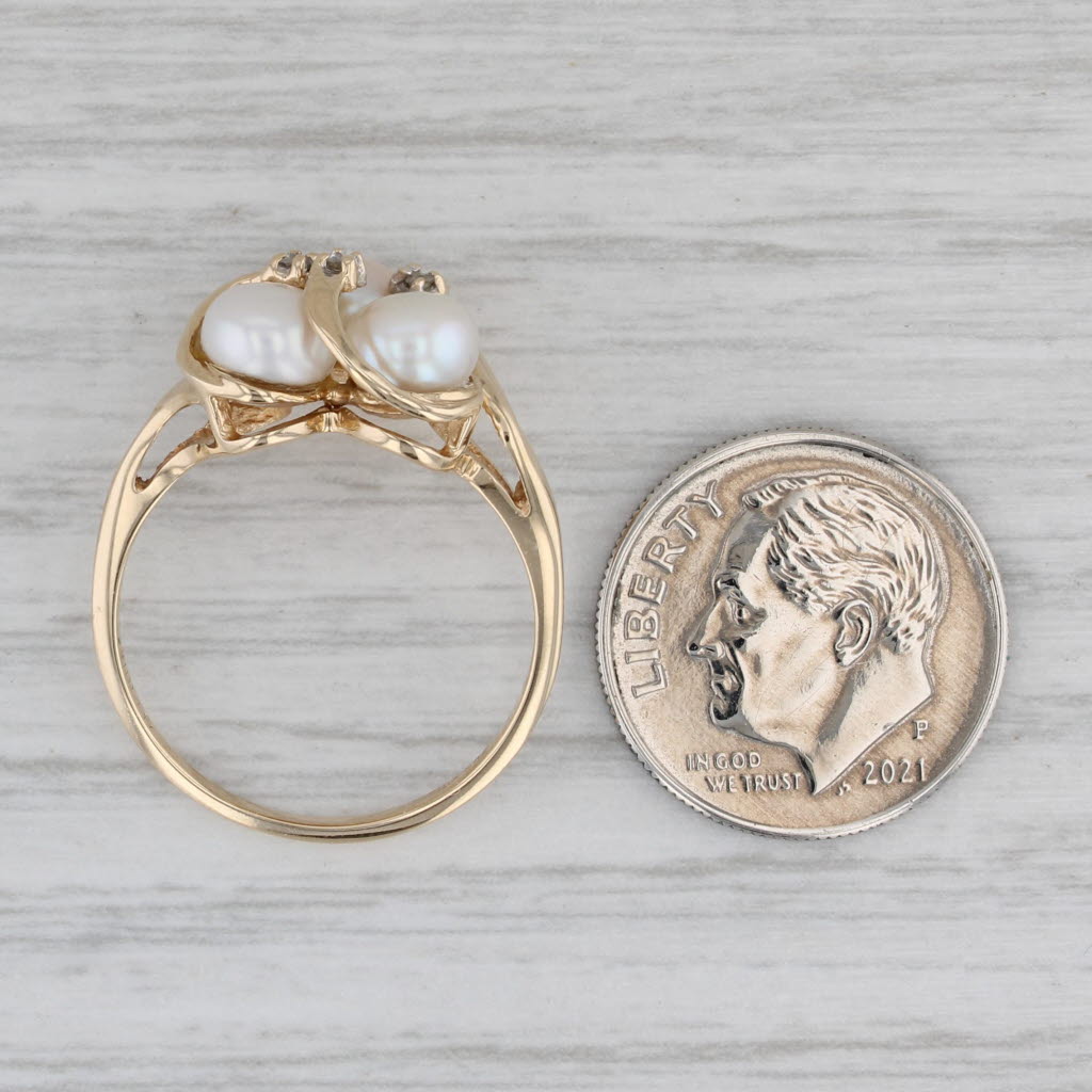 Cultured Pearl 3-Stone Diamond Ring 10k Yellow Gold Size 7.5