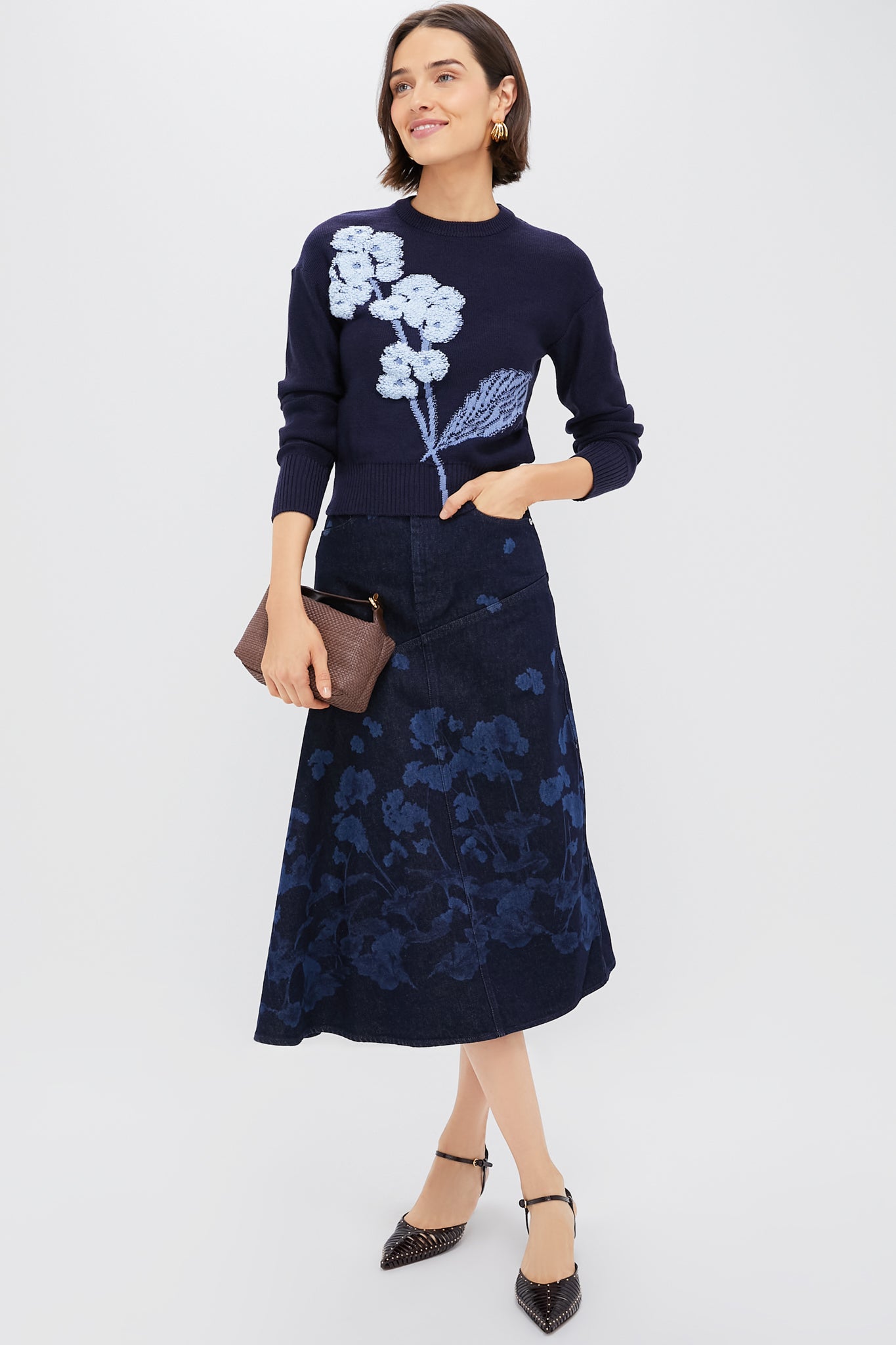 Elena Garden Indigo Draped Midi Skirt
