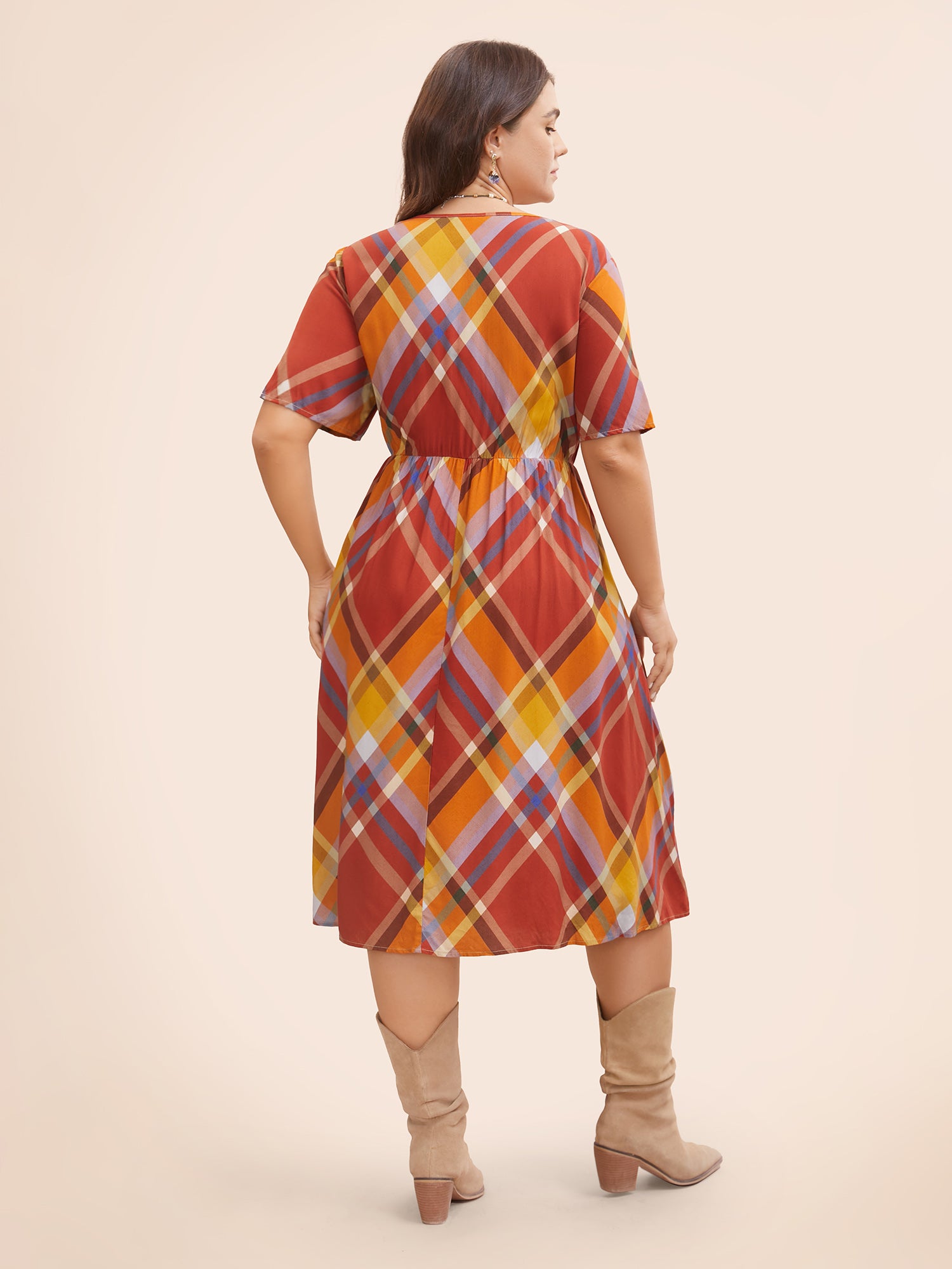 V Neck Plaid Ruffle Sleeve Dress