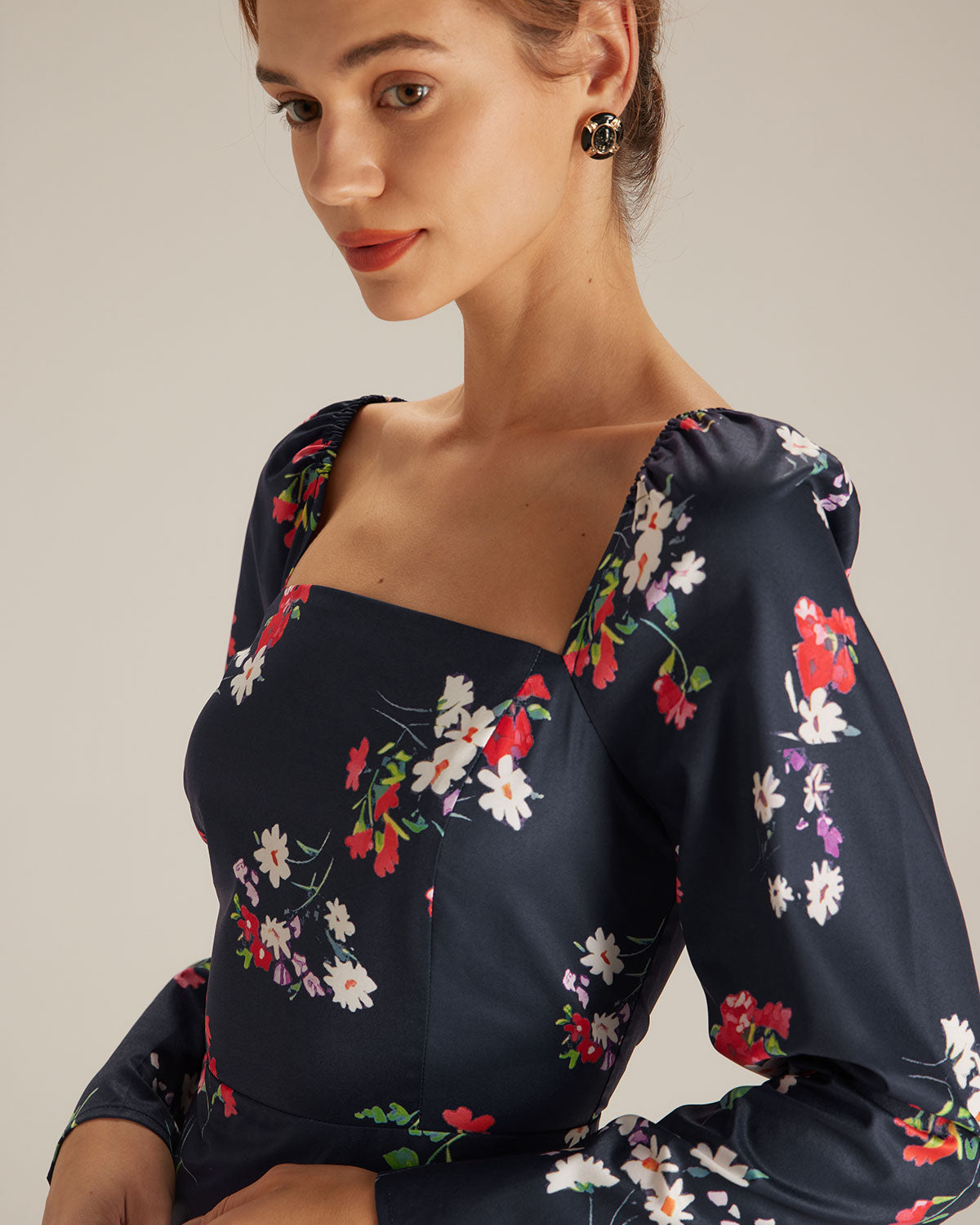 The Navy Square Neck Floral Shirred Midi Dress