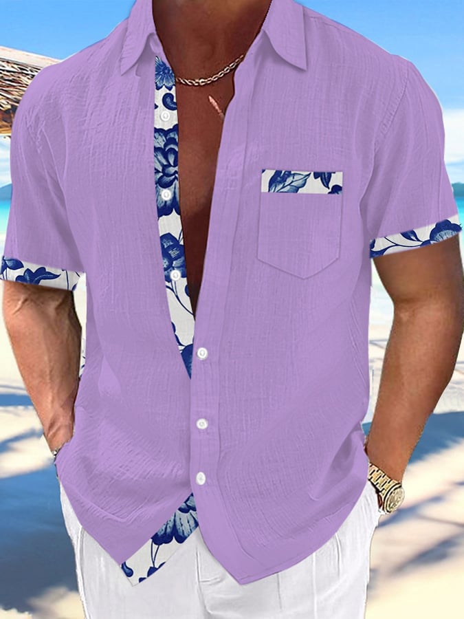 Men's Hawaiian Print Fashionable Resort Casual Shirt (With Pockets)