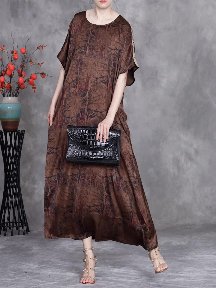 Women Summer Vintage Print O-Neck Silk Loose Dress