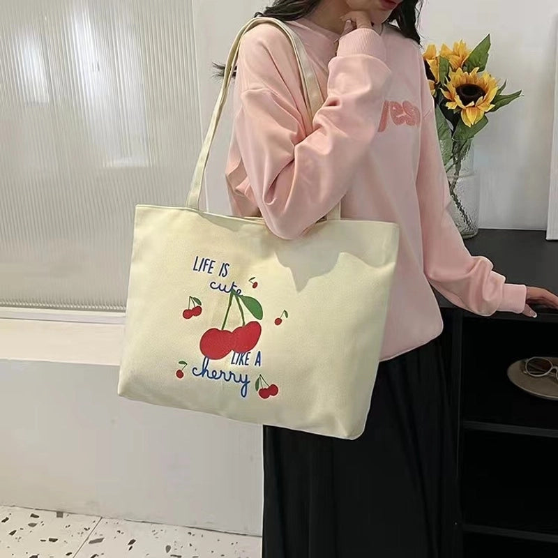 Women's Canvas Cherry Cute Sewing Thread Square Zipper Canvas Bag Tote Bag