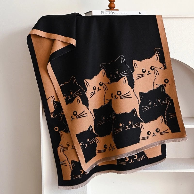 Women's Cute Streetwear Cartoon Cat Cotton Polyester Scarf