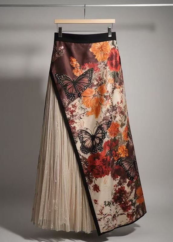 Chinese Style Asymmetrical Print Wrinkled Patchwork Skirts Summer