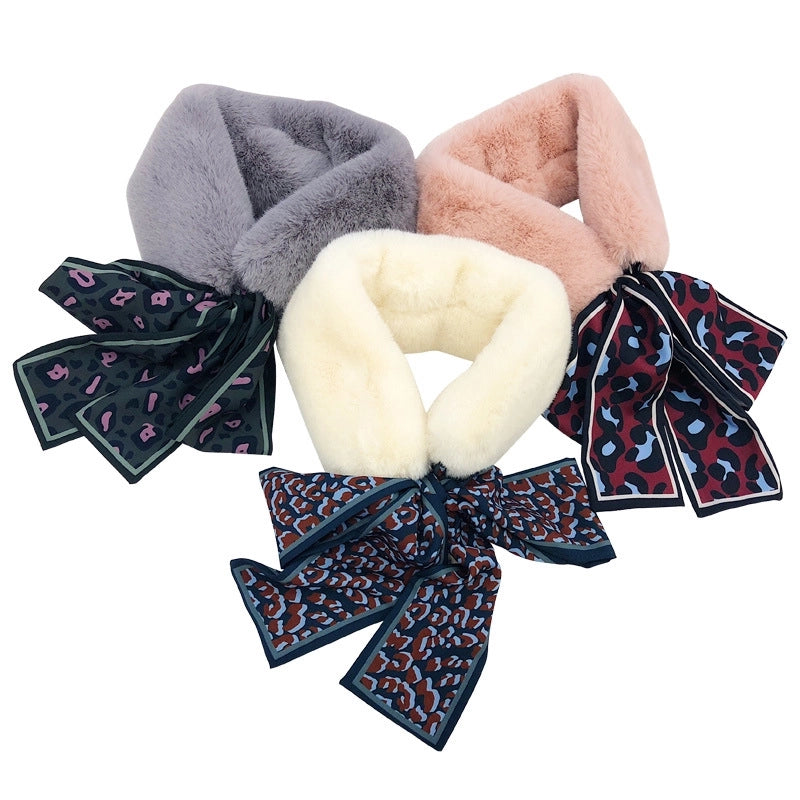 Women's Sweet Solid Color Bow Knot Leopard Faux Rabbit Fur Chiffon Scarf