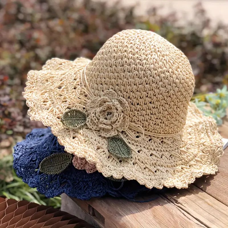 Elegante Sombrero De Paja De Crochet Con Detalle De Volantes