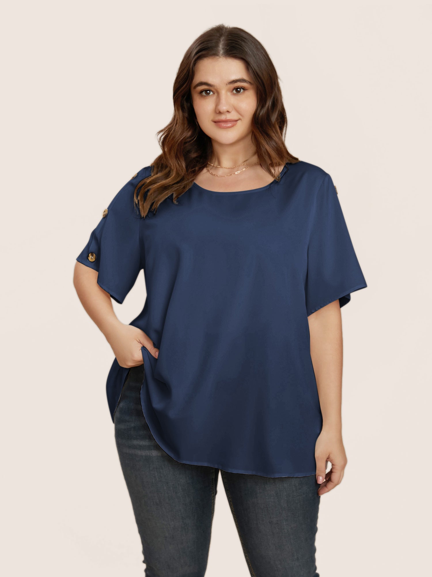 Plain Round Neck Button Detail Blouse
