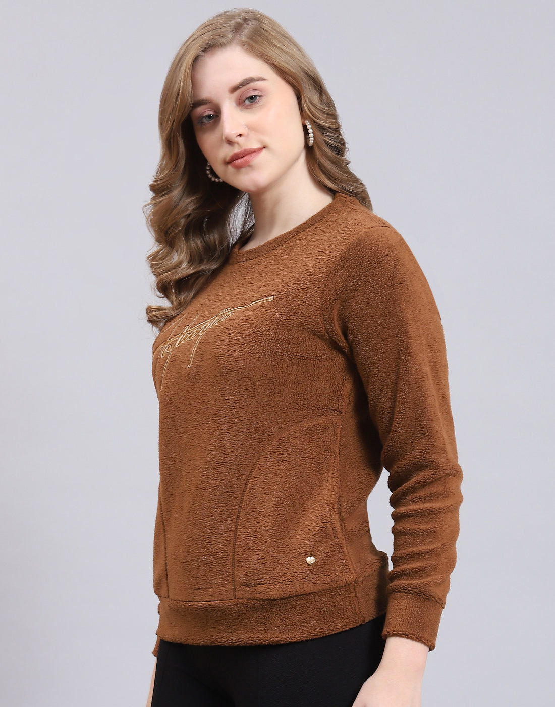 Women Brown Embroidered Round Neck Full Sleeve Sweatshirt