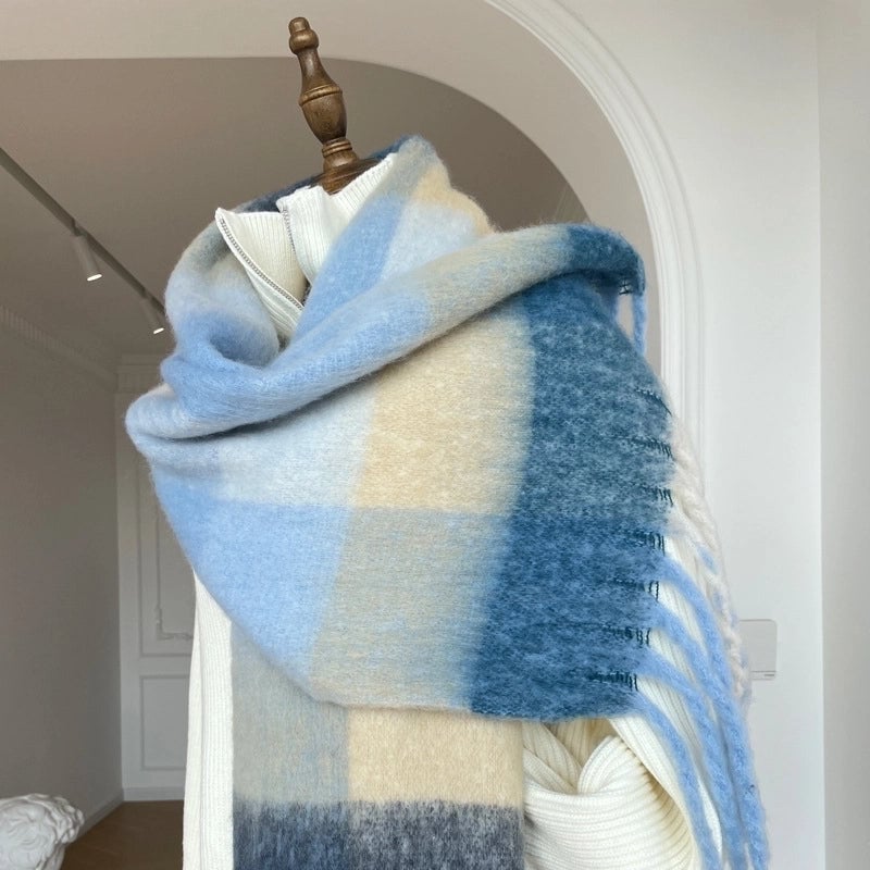 Famous High-grade Delicate Soft Gradient Color Plaid Color Matching Tassel Cashmere-like Shawl Net Red Scarf
