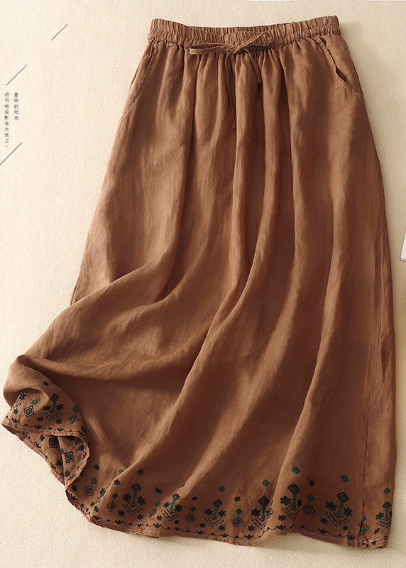 Vintage Green Embroidered Linen A Line Skirt Summer