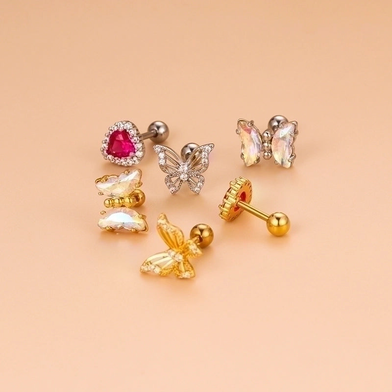 1 Piece Ear Cartilage Rings & Studs Fashion Heart Shape Butterfly 316L Stainless Steel  Copper Hollow Out Inlay Zircon