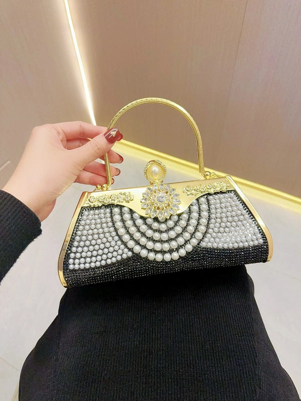 Gold Silver Black Pu Leather Solid Color Pearls Square Evening Bags