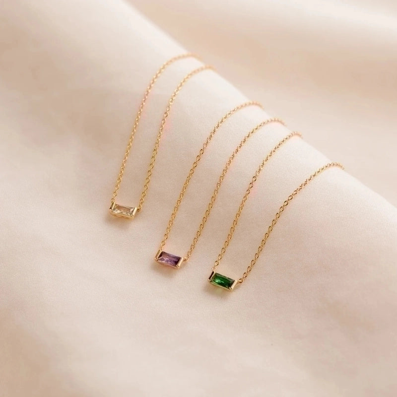 201 Stainless Steel Retro Inlay Rectangle Birthstone Zircon Pendant Necklace