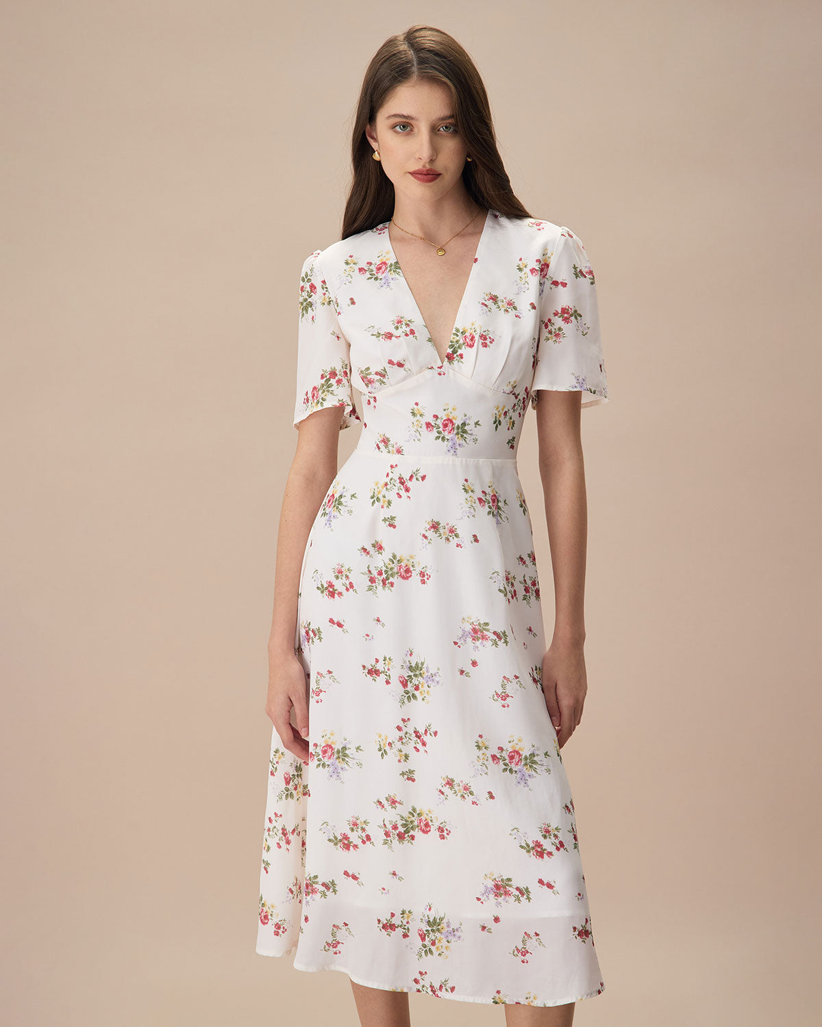 The Apricot V Neck Floral Ruched Midi Dress