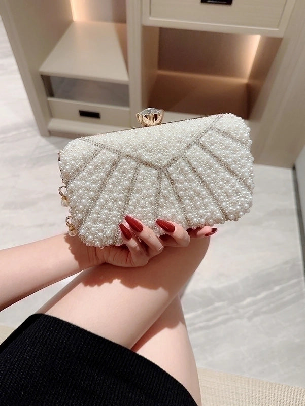 White Polyester Solid Color Pearls Evening Bags