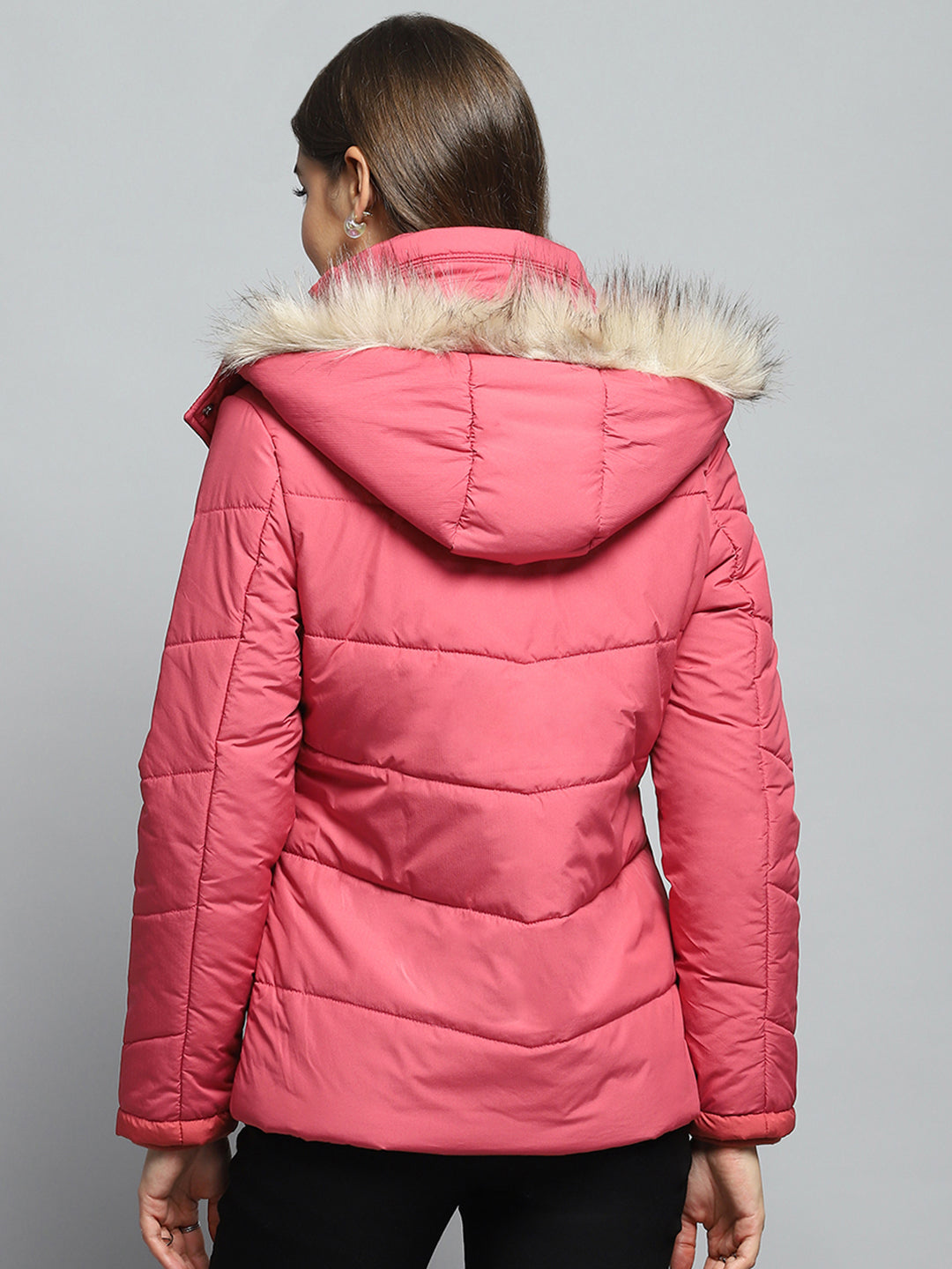 Women Pink Self Design Detachable Hood Full Sleeve Jacket