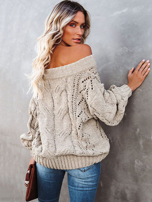 Vintage Long Sleeves Loose Solid Color Off-The-Shoulder Sweater Tops