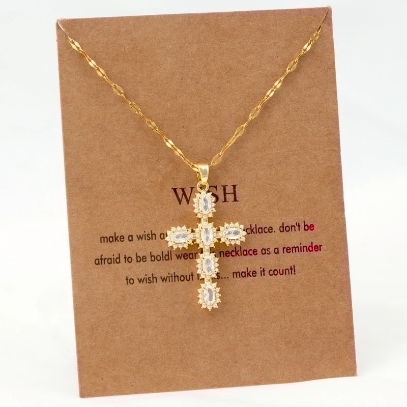 Stainless Steel 18K Gold Plated Vintage Style Plating Inlay Geometric Cross Rhinestones Pearl Zircon Pendant Necklace
