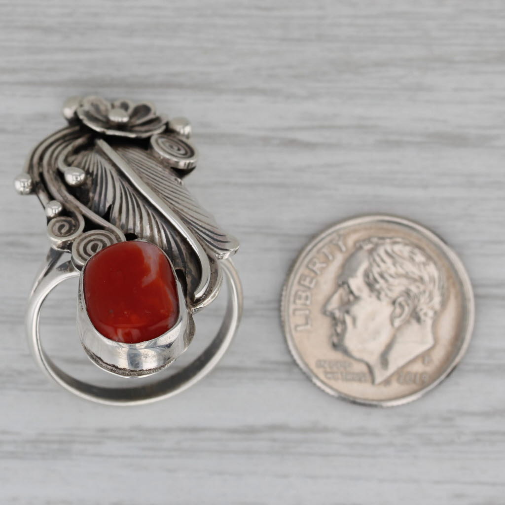 Vintage Yazzie Navajo Native American Coral Feather Ring Sterling Silver
