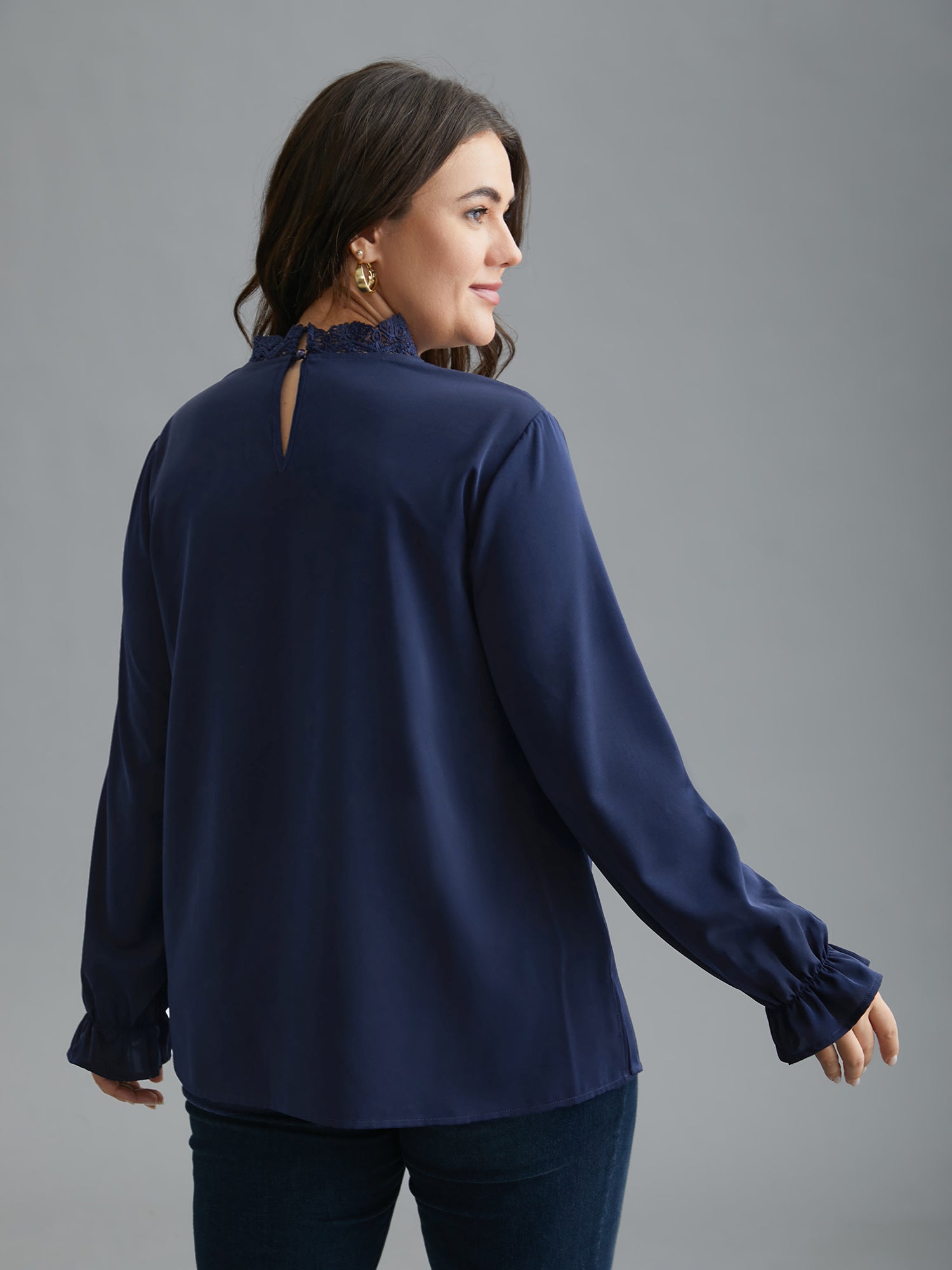 Lace Cut-Out Sheer Stand Collar Blouse
