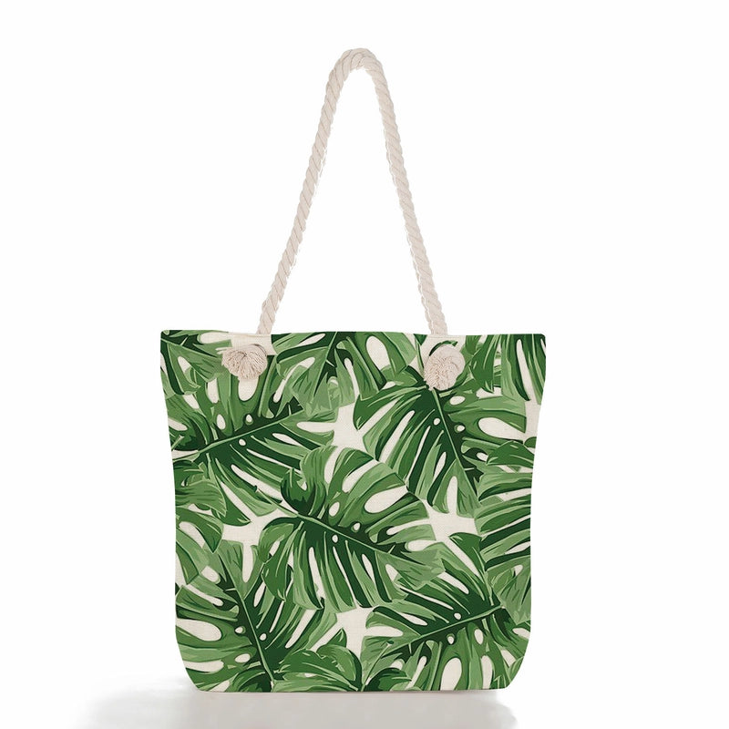 Green Leaf Printed Cotton Rope Bag Large Capacity Shoulder Bag Student Book Tote Bag Printable Logo