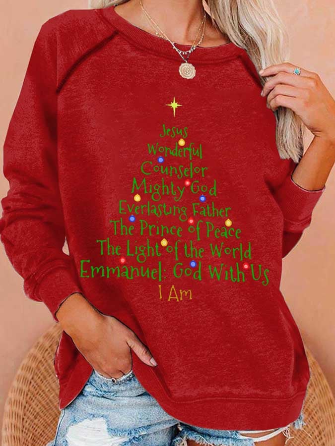 Women's Christmas Tree Jesus God Is With Us Print Casual Sweatshirt