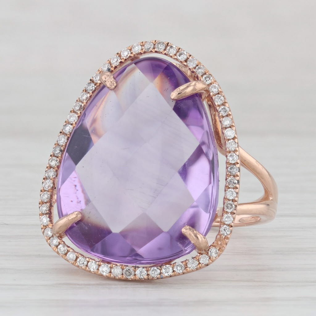 Amethyst Diamond Halo Ring 14k Rose Gold Size 7 Cocktail