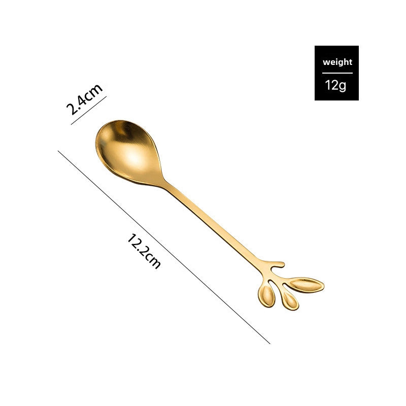 Stainless Steel Creative Leaf Spoon Fork Coffee Spoon Dessert Spoon Gold-plated Fruit Fork Honey Mixing Spoon Ice Cream Spoon